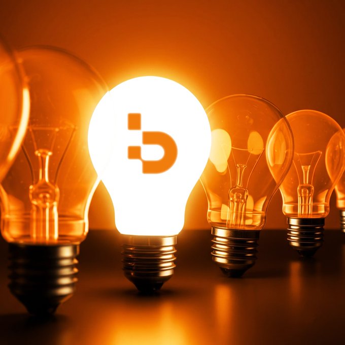 A glowing light bulb with the DAI cryptocurrency logo superimposed, surrounded by other unlit bulbs against an orange background.