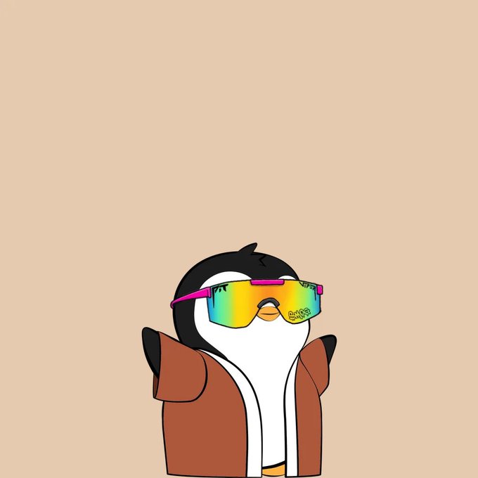 A cartoon illustration of a penguin wearing oversized reflective rainbow sunglasses and an open brown jacket, posed against a beige background.