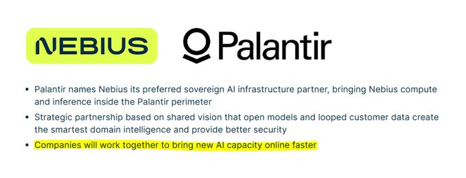 The slide announces that Palantir ($PLTR) has named Nebius ($NBIS) as its preferred sovereign AI infrastructure partner, highlighting their strategic partnership to integrate Nebius compute and inference within the Palantir ecosystem. The highlighted bullet emphasizes that both companies will collaborate to bring new AI capacity online faster.