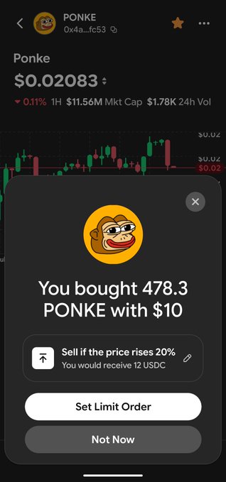 A Base app confirmation screen shows a purchase of 478.3 PONKE tokens for $10, prompting the user to set a limit sell order at a 20% price increase (which would yield 12 USDC). The image directly illustrates the post's point about how Base seamlessly nudges new memecoin buyers to use limit orders by pre-filling a +20% take-profit target.
