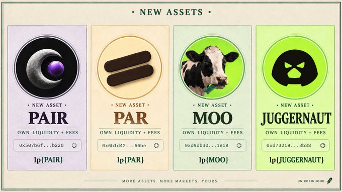A Robinhood promotional graphic showcasing new crypto assets: PAIR (0x507b6f...b220), PAR (0x6b1d42...66be), MOO (0xd9db30...1e18), and JUGGERNAUT (0xd73218...3b88).