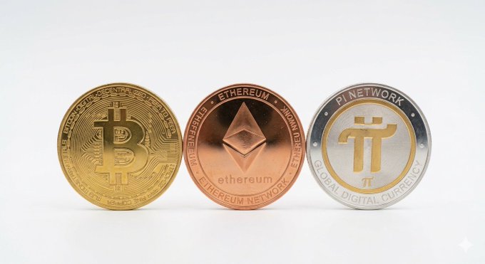 Three physical cryptocurrency tokens stand side by side—a gold Bitcoin coin with its signature "B" logo, a copper-toned Ethereum coin featuring the diamond emblem and "ETHEREUM • ETHEREUM NETWORK" text, and a silver Pi Network coin marked "PI NETWORK • GLOBAL DIGITAL CURRENCY" with the "π" symbol—visually representing the post's argument that Pi Network follows the same trajectory once mocked for Bitcoin and Ethereum.