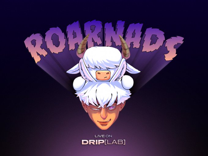 An anime-style promotional graphic for "ROARNADE" featuring a horned character with white hair, with text reading "LIVE ON DRIP[LAB]".
