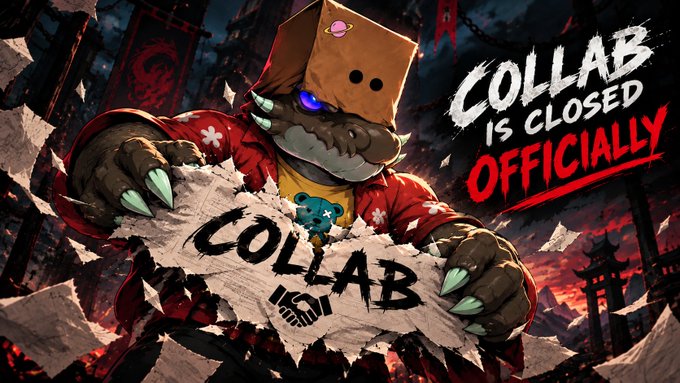 An aggressive anthropomorphic alligator character wearing a paper bag mask and red jacket rips through paper reading 'COLLAB IS NOW', with 'COLLAB IS CLOSED OFFICIALLY' written in white and red text on the right.
