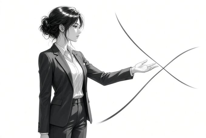 A black and white digital illustration depicts a woman in a tailored business suit with her hair in a bun, extending her hand toward a large, hand-drawn 'X' mark.