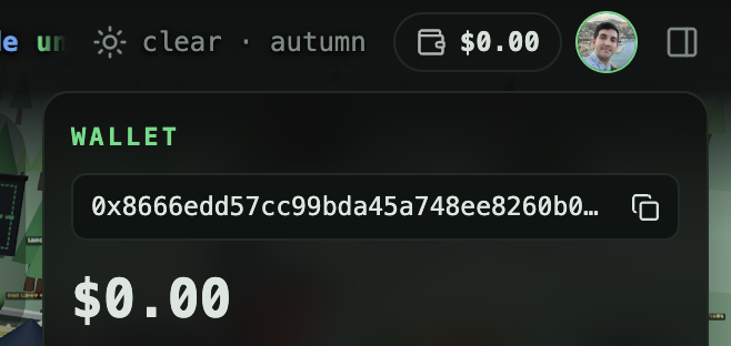 Screenshot of a digital wallet interface showing a balance of '$0.00' with the wallet address '0x8666edd57cc99bda45a748ee8260b0...', against a blurred Roblox-style background.