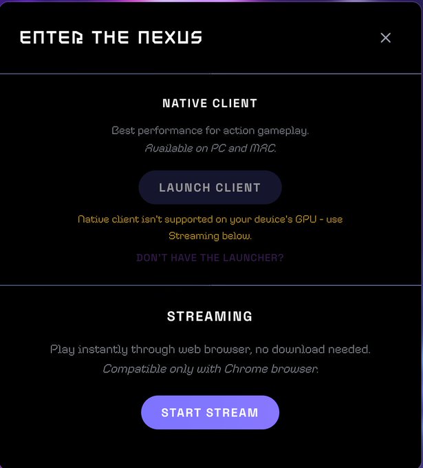 A dark interface screen titled 'ENTER THE NEXUS' offering options for 'NATIVE CLIENT' with a 'LAUNCH CLIENT' button and 'STREAMING' with a 'START STREAM' button.