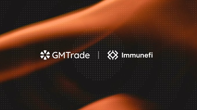 The image displays the GMTrade and Immunefi logos side by side against a dark, abstract background with flowing orange highlights and a dotted pattern. It visually represents the partnership announcement of a new bug bounty program offering up to $100,000 USD for critical vulnerabilities found in GMTrade's Solana-based perpetual trading engine, hosted on the Immunefi platform.