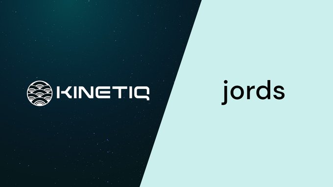 A collaboration announcement graphic featuring the "KINETIQ" logo on a dark starry background alongside the "jords" name on a light teal background, visually representing the new partnership between content creator jords and Kinetiq.