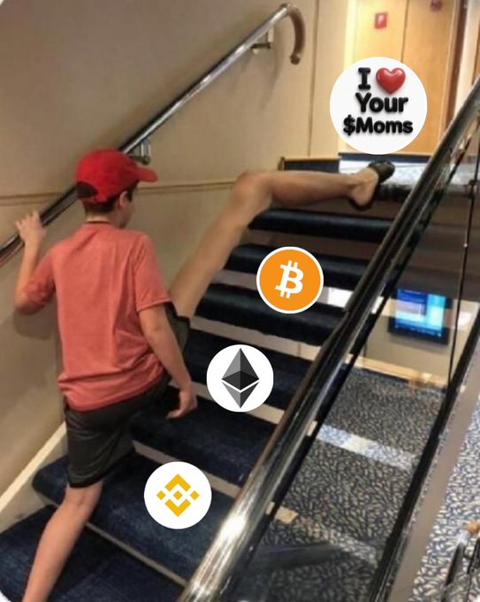 A humorous photo of a man in a red cap and shirt tumbling down a staircase, overlaid with cryptocurrency logos (Bitcoin, Ethereum, Binance Coin) and an 'I ❤️ Your $Moms' sticker.