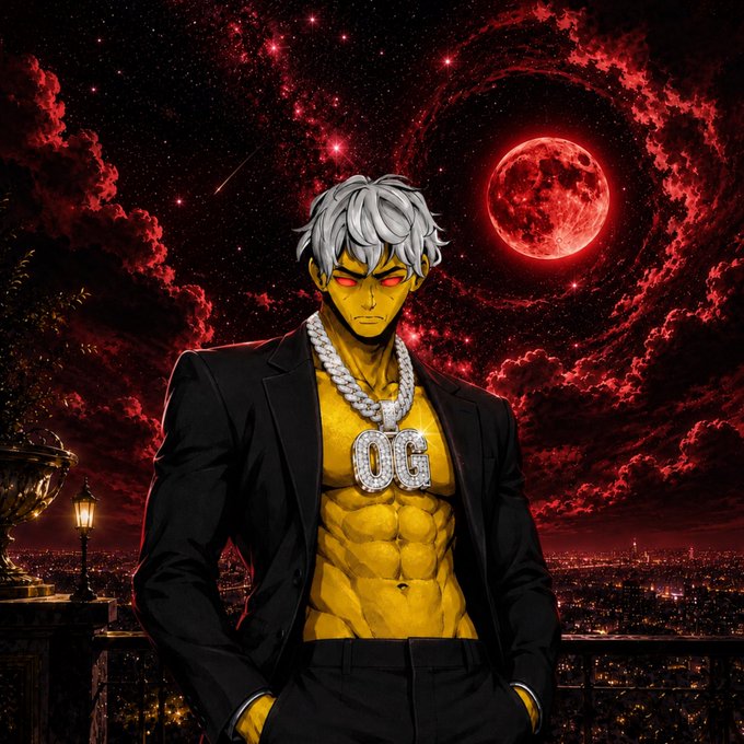 An anime-style illustration depicts a muscular character with yellow skin, glowing red eyes, and silver hair, wearing an open black suit jacket that reveals a chiseled torso adorned with a large diamond-encrusted 'OG' chain, set against a dramatic backdrop of a swirling red sky, cityscape, and a red blood moon.