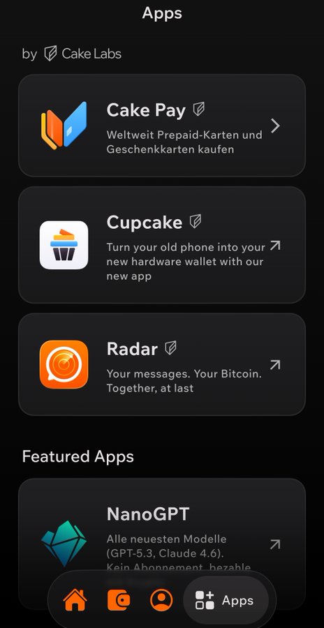 A mobile app store screen showing apps by Cake Labs including Cake Pay ('Weltweit Prepaid-Karten und Geschenkkarten kaufen'), Cupcake ('Turn your old phone into your new hardware wallet'), Radar ('Your messages. Your Bitcoin. Together, at last'), and featured NanoGPT.