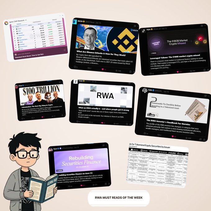 The image features a cartoon boy reading a book while surrounded by a variety of social media posts related to RWA (Risk and Volatility Adjustment). The posters display different images, such as charts or logos of cryptocurrency companies like Bitcoin. These visuals emphasize the subject matter of the social media posts in which the man is interacting with them. The primary focus on the book suggests that the reading material might be about risk management, while the presence of various visual elements and content related to cryptocurrency could indicate a discussion or interest in this specific topic among the users.