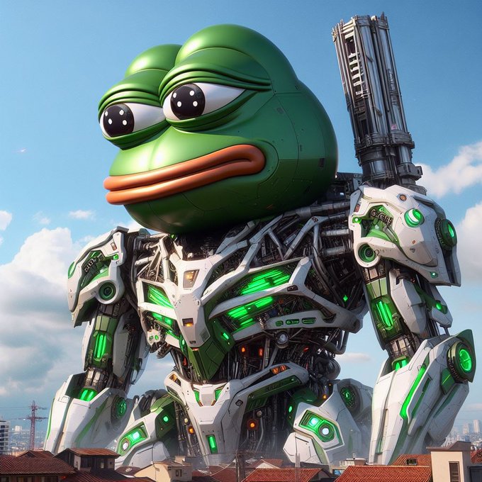 A colossal mecha-style Pepe the Frog towers over a city, outfitted with massive weaponry and glowing green armor, visually amplifying the post's hype of an imminent "GIGA PUMP" for the $PEPE token. The image's fusion of the meme icon with giant mech imagery dramatizes the bold, surprise rally narrative.