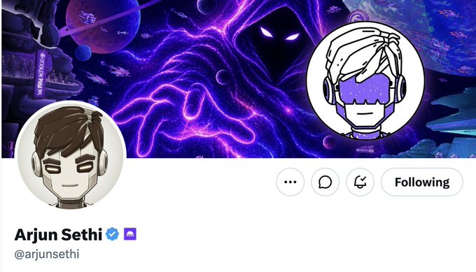 A social media profile banner featuring cosmic/galaxy artwork with two cartoon avatar illustrations. The profile belongs to 'Arjun Sethi' (@arjunsethi) with a verified blue checkmark and Discord tag.