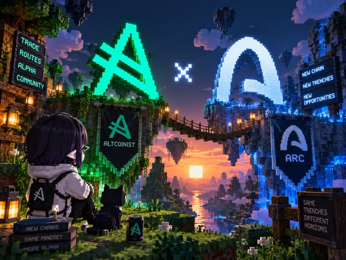 A Minecraft-style digital artwork depicts two opposing floating islands with logos for 'ALTCOINIST' and 'ARC', connected by a bridge, with signs promoting 'NEW CHAINS, SAME MINDSET, MORE ALPHA'.