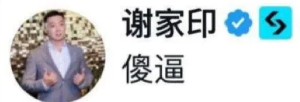 The image shows a profile of "谢家印" (Xie Jiayin) with a verified badge, displaying the insulting text "傻逼" (idiot/dumbass) as his display name or status. The screenshot appears to mock the person's response, likely mocking Bitget by calling them a "dead pig not fearing boiling water" as shown in the accompanying post.