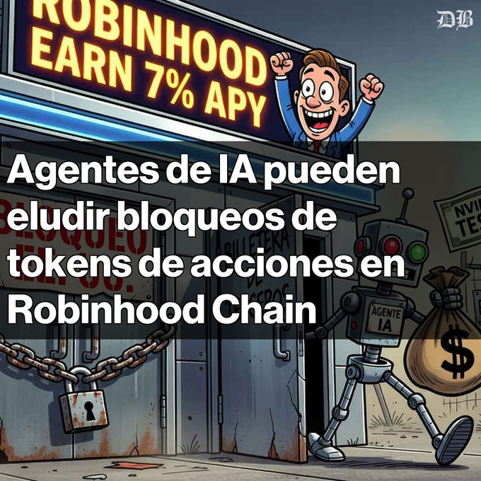 A Spanish-language cartoon illustration titled 'Agentes de IA pueden eludir bloqueos de tokens de acciones en Robinhood Chain', depicting a robot labeled 'AGENTE IA' with a money bag outside a Robinhood bank.