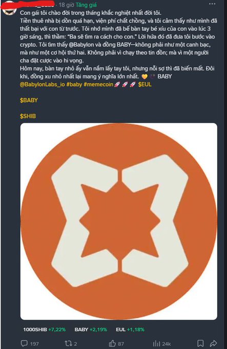 A Vietnamese-language Twitter/X post from 'Tầng cao' (18 giờ ago) discussing memecoins, mentioning $BABY, @BabylonLabs_io, and tags $EUL, $SHIB, alongside a large orange circular logo with a star design.