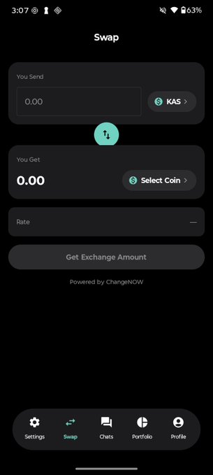 The image shows a mobile app swap interface with "KAS" selected as the coin to send and a "Select Coin" option to choose the receiving currency, powered by ChangeNOW. This relates to the post by suggesting KaChat could integrate $KAS token swaps with no revenue taken, ensuring users get the best exchange rates directly within the chat platform.