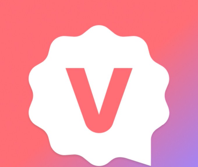 A pink-to-purple gradient background featuring a white speech-bubble-shaped badge with a large pink letter 'V' inside, resembling the Vivi app logo.