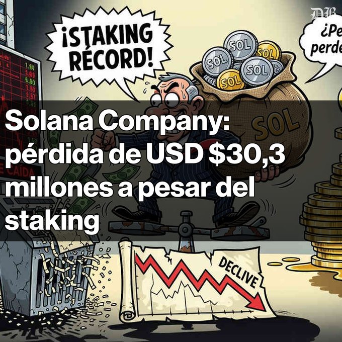 The image is a cartoon featuring a businessman standing on a seesaw while holding a sack of SOL coins, with a red "DECLINE" chart below him and the speech bubble "¡STAKING RECORD!"—visually representing the irony of Solana Company reporting record staking revenue alongside a $30.3 million net loss in Q2.