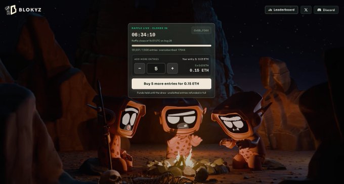 A website screenshot showing a 'MANIFESTING - CLOSING IN' countdown timer at 00:34:19 for 'BLKYZ' with an option to buy entries for 0.15 ETH, featuring cartoon characters around a campfire.