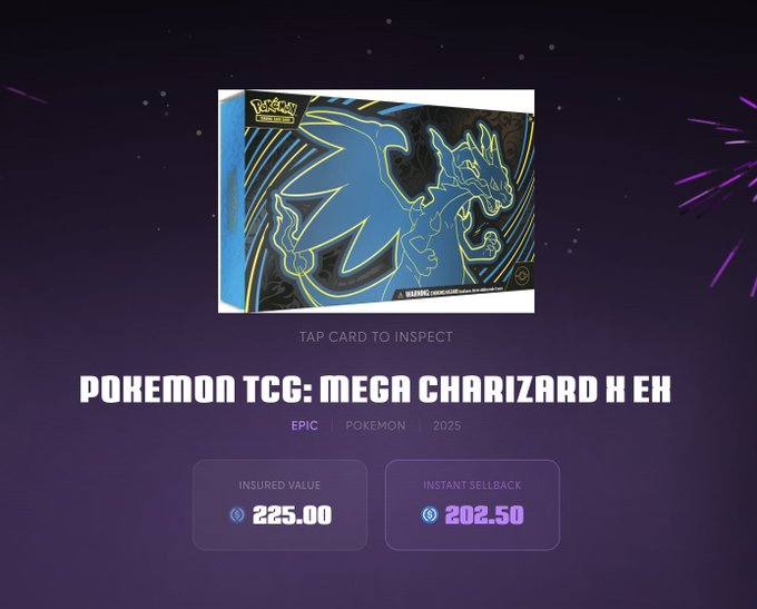 The image shows a Pokemon trading card for the Mega Charizard H, which is displayed prominently against a purple background with white text. The card has a striking blue design featuring a dragon and the text "Mega Charizard H" written on it. Below this image, there are two price tags for the card - one priced at $25.00 and another at $52.00. These prices indicate that the card is available in both regular and premium versions, with the premium version being more expensive than the regular one. The post also mentions an ongoing promotion where you can get a free TPC card to inspect the Mega Charizard H.