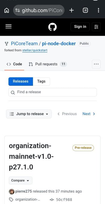 A mobile browser screenshot of a GitHub repository 'PiCoreTeam/pi-node-docker', showing the 'Releases' tab with a release titled 'organization-mainnet-v1.0-p27.1.0'.