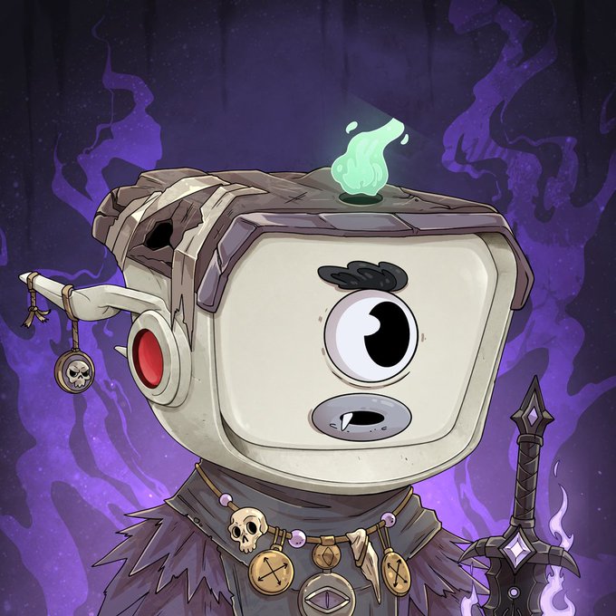 A cartoon character with a TV-shaped head, a green flame on top, a single eye, and dark hair stands against a purple flame background, wearing a necklace with skulls and amulets.