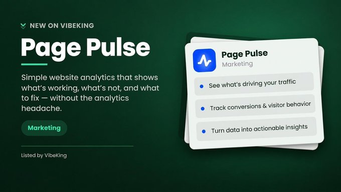 A promotional graphic for 'Page Pulse' on VibeKing, describing it as 'Simple website analytics that shows what's working, what's not, and what to fix' for Marketing, with features like tracking conversions and traffic.