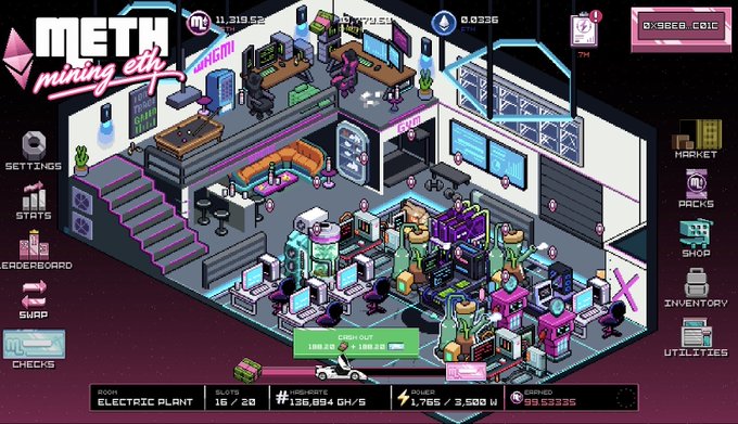 The image shows a computer game called "Meth Mining Eth" with an animated depiction of a room filled with computers, desks, chairs, and other office equipment. The game appears to be a Ponzi scheme or a complex financial system that involves mining for cryptocurrency. It is described as an addictive game that has been played by millions of people worldwide. The post about the game was written by someone named "Meth Mining Eth" on Twitter, who also mentioned that it's still early in the game and there are still many things to be discovered.