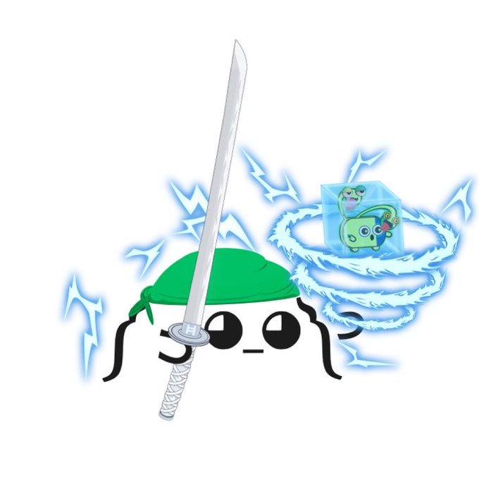 A cartoon character with a green bandana holds a katana, while a blue cube character with a green creature inside is surrounded by swirling blue energy and lightning bolts.