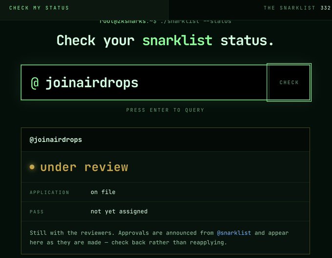 A screenshot of a 'snarklist' status check page showing the handle '@joindrops' as 'under review' with an application 'on file' and 'PASS: not yet assigned'.