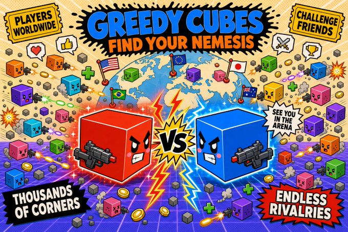 Vibrant promotional artwork for "Greedy Cubes: Find Your Nemesis," featuring two large rival cube characters (one red, one blue) armed with guns facing off in a "VS" showdown, surrounded by smaller colorful cubes, world flags, coins, and explosive action elements, with callout badges reading "PLAYERS WORLDWIDE," "CHALLENGE FRIENDS," "SEE YOU IN THE ARENA," "THOUSANDS OF CORNERS," and "ENDLESS RIVALRIES" — directly reinforcing the post's themes of global multiplayer competition and player-versus-player combat.