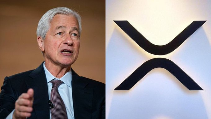 Jamie Dimon, CEO of JPMorgan, is shown speaking alongside the XRP logo, visually reinforcing the post's claim that JPMorgan has disclosed significant exposure to the XRP cryptocurrency.