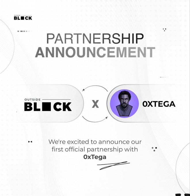 A partnership announcement graphic featuring the logos for "OUTSIDE BLOCK" and "OXTEGA," with text reading "We're excited to announce our first official partnership with OxTega."
