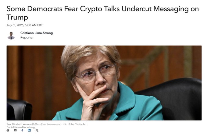 The image is a Bloomberg news article headlined "Some Democrats Fear Crypto Talks Undercut Messaging on Trump," featuring a photo of Sen. Elizabeth Warren, a vocal critic of the Clarity Act. The accompanying post urges passage of the Clarity Act to serve over 50 million American crypto owners, contrasting with Warren's opposition depicted in the article.