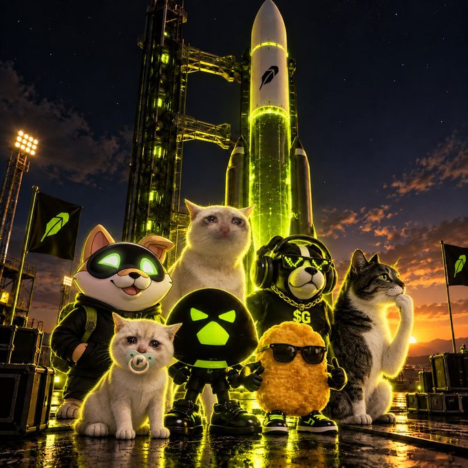 A vibrant, stylized illustration features anthropomorphic animals—a cat in a hoodie, another cat, a dog with headphones, and a chicken wearing sunglasses—posing in front of a glowing green rocket ship with leaf logos on flags, set against a dramatic sunset sky.