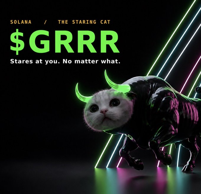 A promotional graphic for a Solana cryptocurrency token called "$GRRR" featuring a white cat with glowing green horns on a robotic body, with the tagline "SOLANA / THE STARING CAT" and "Stares at you. No matter what."