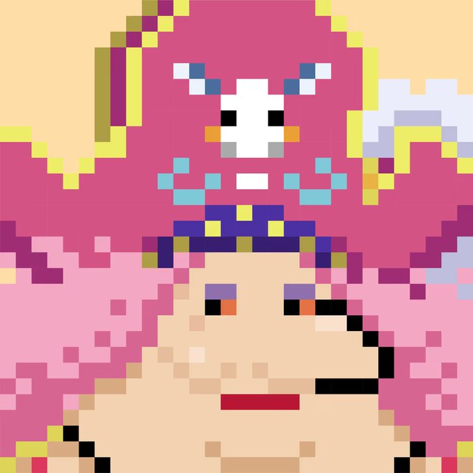 A pixel art image featuring pink and purple hues, depicting a cute character with bunny-like ears above a figure resembling a pink-haired person.