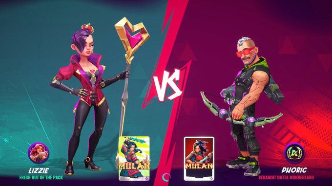 A 'VS' battle screen from a video game features the characters Lizzie (in purple) and Phyoric (with a crossbow) flanking two Mulan cards.