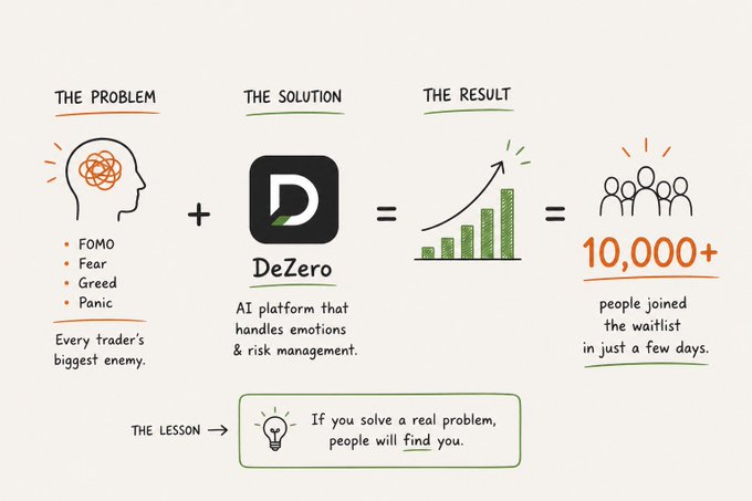 An infographic illustrating a problem-solution-result framework for DeZero, an AI platform handling emotions and risk management for traders, highlighting that solving FOMO, fear, greed, and panic led to 10,000+ people joining a waitlist, with the lesson: 'If you solve a real problem, people will find you.'