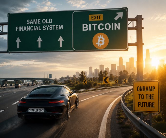 The image features a car driving down a road with a green highway sign that says "SAME OLD FINANCIAL SYSTEM" above it, followed by a yellow diamond shape symbolizing Bitcoin. The background shows a city skyline at sunset, indicating an urban setting for this scene. The text in the image suggests that Bitcoin will eventually replace traditional financial systems and is already gaining traction as an onramp to the future of money.