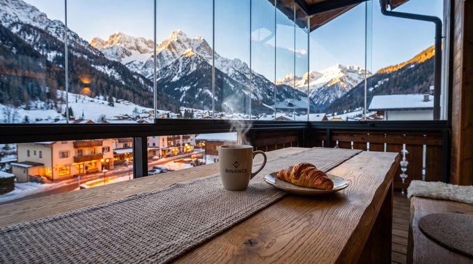 A cozy breakfast scene features a steaming mug and a croissant on a wooden table, set against a glass window overlooking a snowy alpine village and mountain peaks.