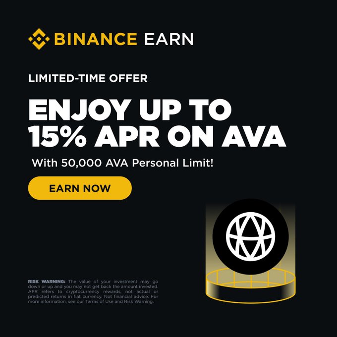 This image advertises Binance Earn's limited-time offer of up to 15% APR on AVA, with a personal limit of 50,000 AVA. The image directly reflects the text in the accompanying post by highlighting the key promotional details.