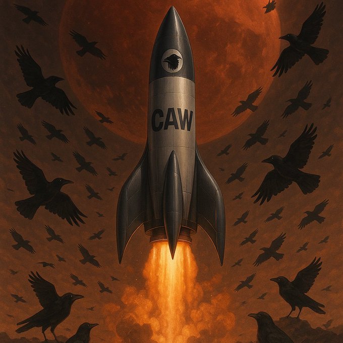 A vintage-style rocket emblazoned with "$CAW" launches through a fiery orange sky filled with crows and a blood-red moon, symbolizing the explosive potential of the CAW token. The retro sci-fi imagery evokes bold optimism and high-flying ambition, reinforcing the post's message to ignore doubt and accumulate the coin.