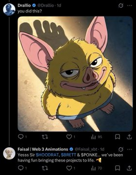 The image shows an Instagram post by "Faisal" (@faisal_xbt) featuring an AI-generated animation of a yellow pig with large pink ears, half-lidded eyes, and a skeptical expression standing under dramatic lighting. The caption reads "you did this?" and comments from Faisal mention "@Faisal_xbt" having fun animating projects. The post appears to relate to a humorous portrayal of skepticism or judgment toward a project, with the pig character possibly symbolizing a "hoodrat" meme being directed at someone's questionable decision.