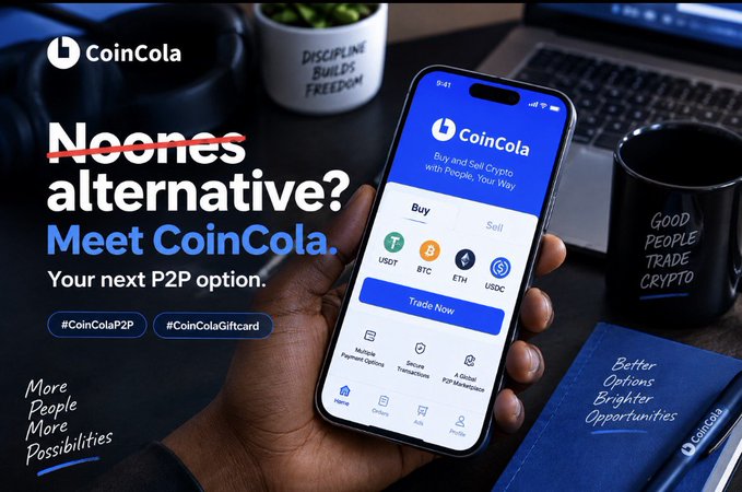 CoinCola advertisement asking "Noones alternative? Meet CoinCola" as a P2P crypto trading option, showing a phone displaying the app interface with hashtags #CoinColaP2P and #CoinColaGiftcard.