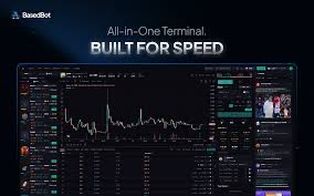 A screenshot of a 'BitsatBot' advertisement for an 'All-in-One Terminal. BUILT FOR SPEED,' showing a complex trading interface with multiple charts and data panels on a dark background.